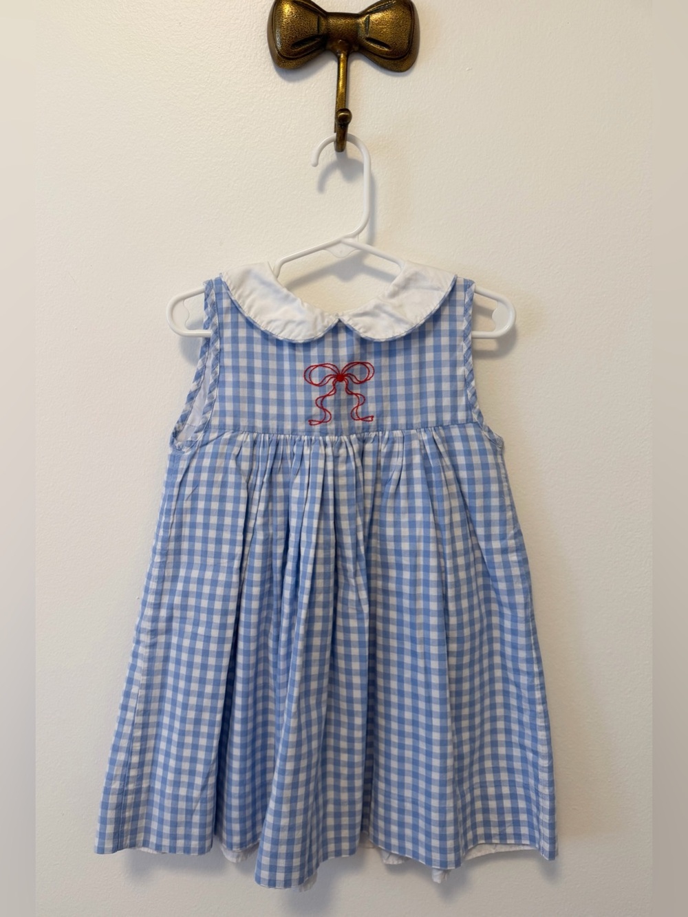 The Beaufort Bonnet Company Blue Collared Gingham Dress w/ Red Ribbon Embroidery